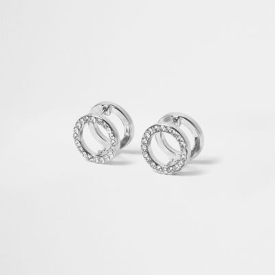 Silver tone paved circle earrings